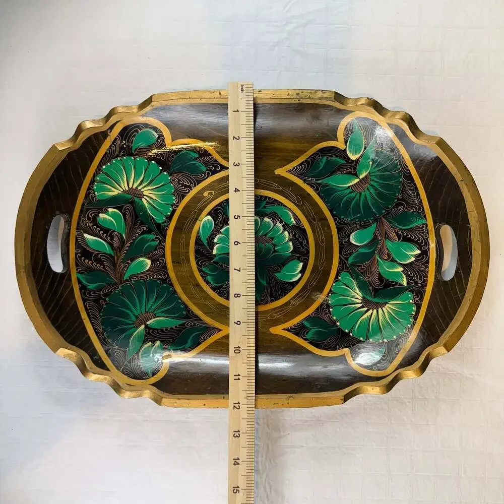 Oval Wood Serving Tray Green Floral Folk Art Gold Trim Handles Large 17in Mexico